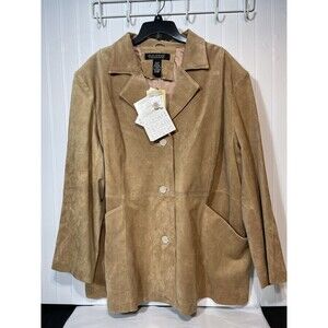 Dialogue Women Camel Brown 100% Suede Leather Button Down Blazer/Jacket size 3X